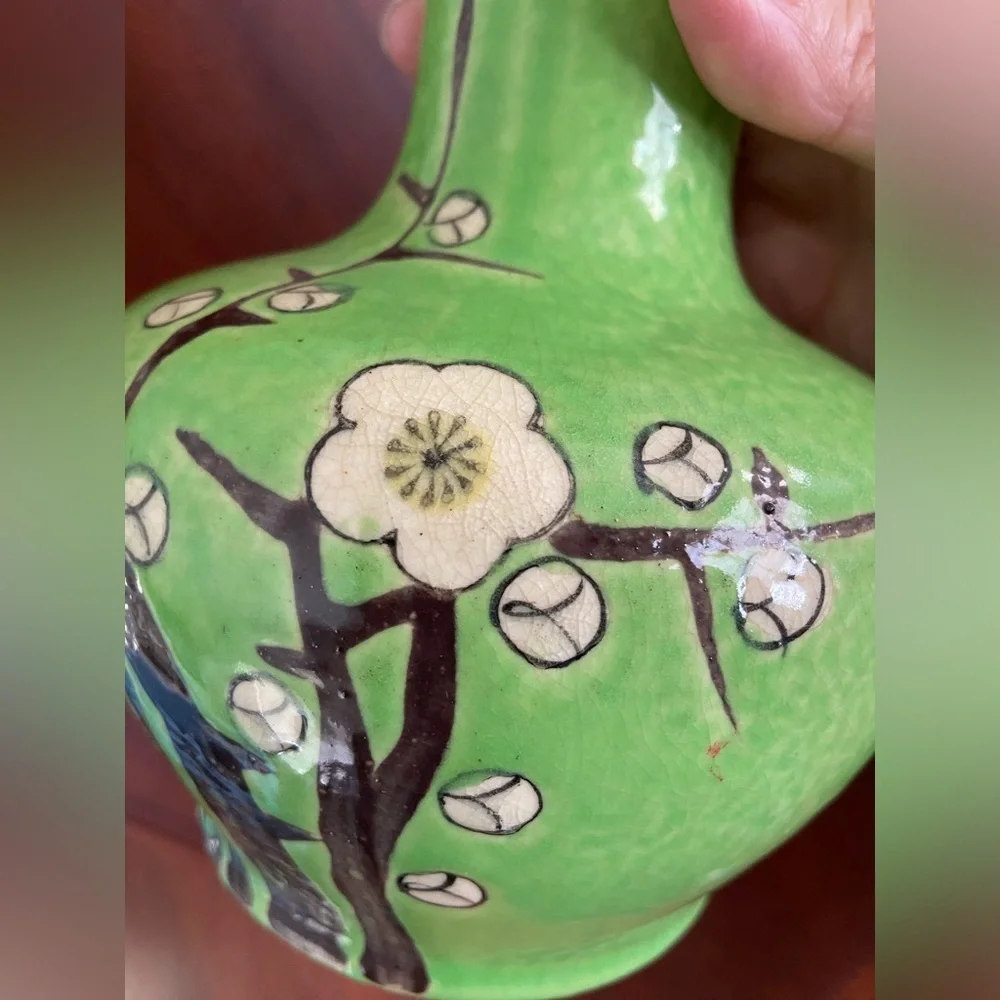 Vintage Green Floral Sakura Cherry Blossom Ceramic Vase Made In Japan Beautiful